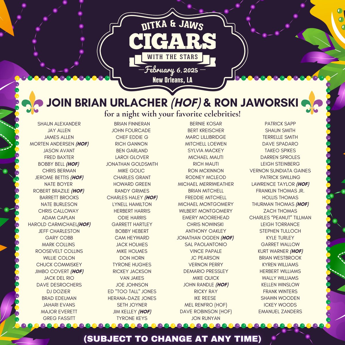 GridironGreats (@gridiron_greats) on Twitter photo โจLess than one week until the 2025 Ditka & Jaws Cigars with the Stars! ๐Check out the updated celeb attending list! There is still time to purchase your tickets and support <a href="/JawsYouthPlay/">Ron Jaworski's Foundation, Jaws Youth Playbook</a> & <a href="/Gridiron_Greats/">GridironGreats</a> here: DitkaJaws2025.eventbrite.com <a href="/DitkaJawsCigars/">Ditka-Jaws Super Bowl Party New Orleans</a> <a href="/BUrlacher54/">Brian Urlacher</a> <a href="/JawsCEOQB/">Ron Jaworski</a> โจLess than one week until the 2025 Ditka & Jaws Cigars with the Stars! ๐Check out the updated celeb attending list! There is still time to purchase your tickets and support <a href="/JawsYouthPlay/">Ron Jaworski's Foundation, Jaws Youth Playbook</a> & <a href="/Gridiron_Greats/">GridironGreats</a> here: DitkaJaws2025.eventbrite.com <a href="/DitkaJawsCigars/">Ditka-Jaws Super Bowl Party New Orleans</a> <a href="/BUrlacher54/">Brian Urlacher</a> <a href="/JawsCEOQB/">Ron Jaworski</a>