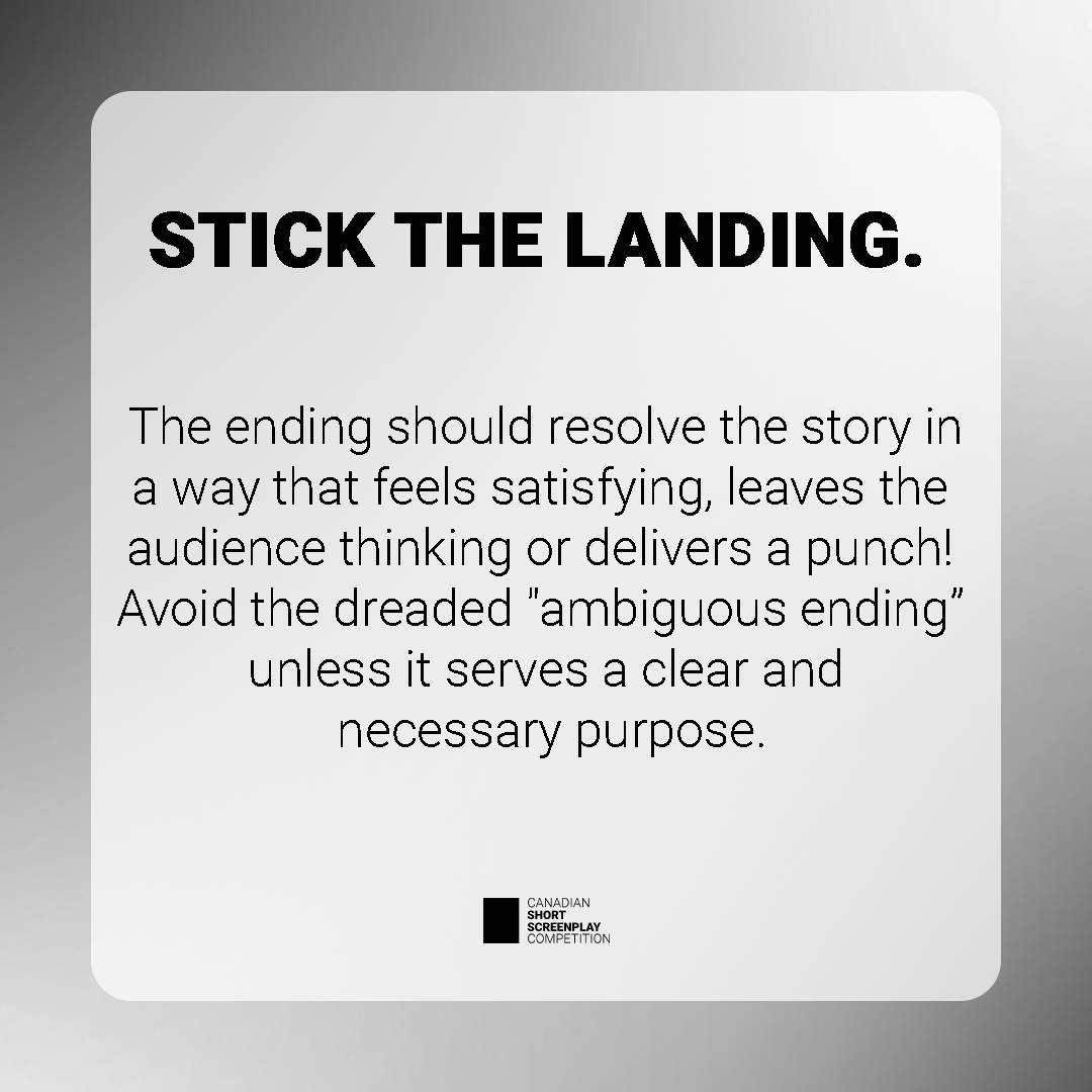 ShortIsBetter's tweet image. TIP #12: STICK THE LANDING!

#screenwriting #screenplaytips #filmwriting #amwriting #indiefilm #writingcommunity #shortscreenplay #shortfilmscreenplay #screenplaycompetition #cssc #filmmaking #writerslife #storytelling #writingtips #scriptwriting #filmtwitter #indiefilmmaker