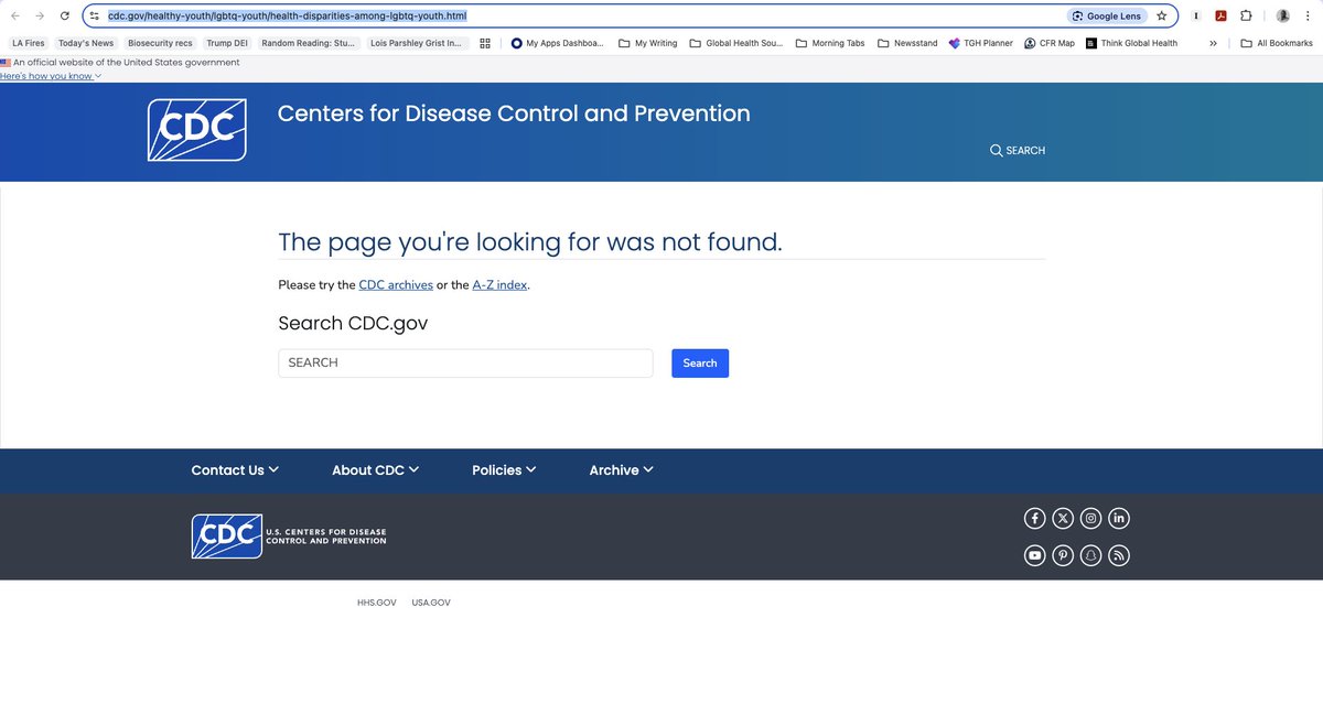 The CDC has shuttered its webpages for supporting LGBTQ+ youth in schools, Health Disparities Among LGBTQ Youth, and Creating Safe Schools for LGBTQ+ Youth

cdc.gov/healthy-youth/…

cdc.gov/healthy-youth/…

cdc.gov/youth-safe-env…