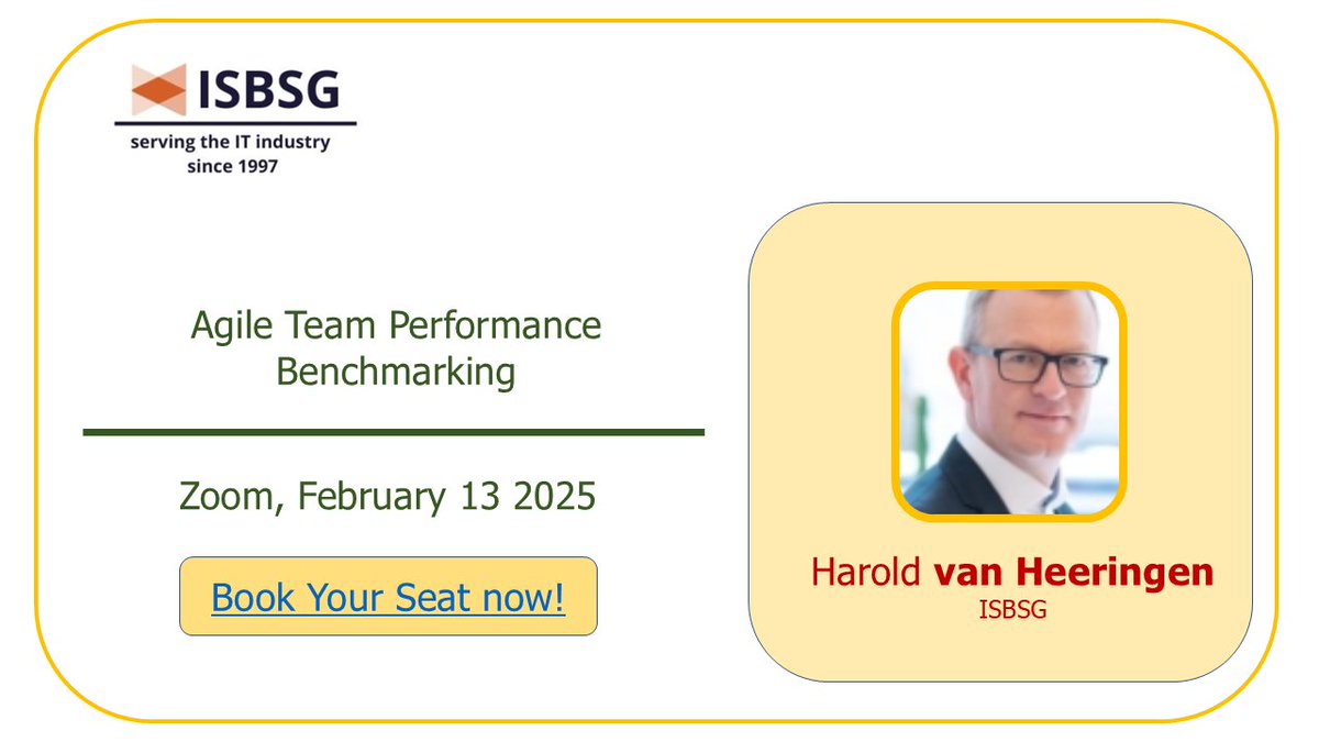 New <a href="/isbsg/">ISBSG</a> #webinar on #Feb13 with #HaroldVanHeeringen about Agile Team Performance Benchmarking 

#BookYourSeatNow: 
us06web.zoom.us/meeting/regist…

#DataIsPower #Bencmarking #ISO29155 #Agile