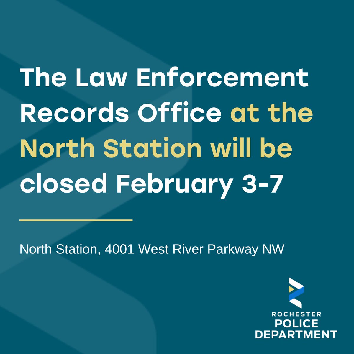 Note: The Records Office at the Law Enforcement Center (101 4th Street SE, 507-328-6811) will remain open. You can also submit records requests via the online Public Records Center at rochestermn.gov.