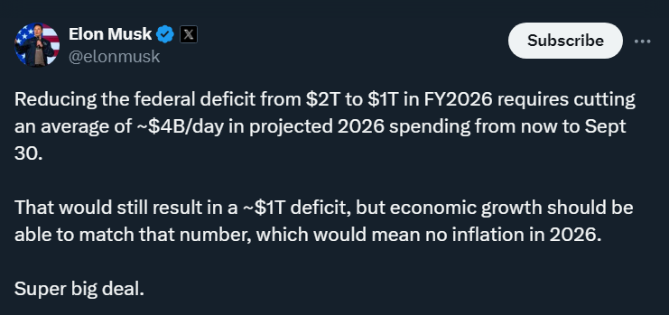 This word salad makes zero sense. Cutting $1 trillion by next year is laughably absurd. And no idea what "economic growth should be able to match that number" means, or how that would eliminate inflation.  This is just incoherent bluster. Hot air.