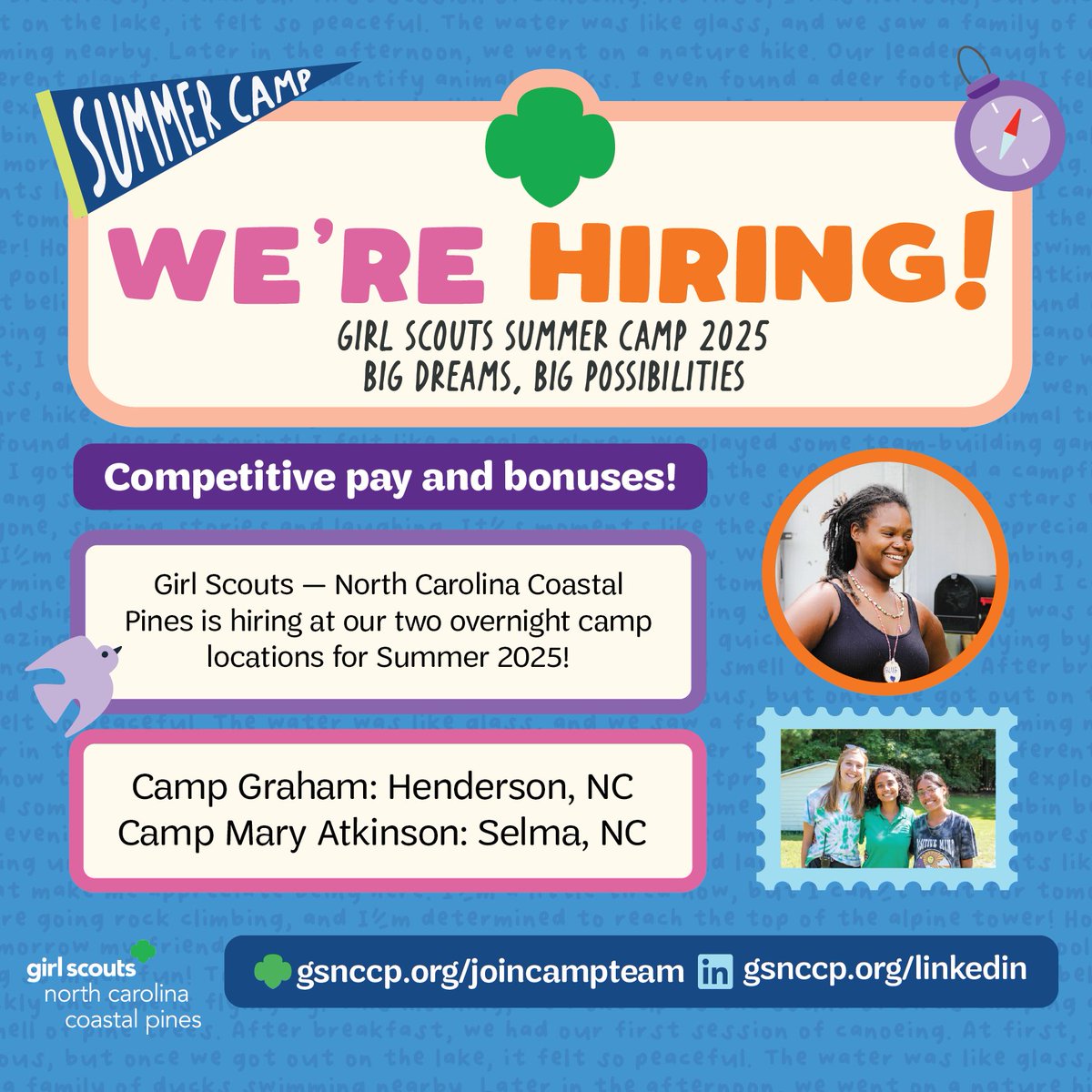 We’re hiring for our overnight summer camps, and YOU could be part of the adventure! 🎉 With competitive pay, bonuses, and the chance to make a lasting impact, this is more than just a summer job—it’s a life-changing experience. 💚

Apply today: gsnccp.org/joincampteam

#hiring