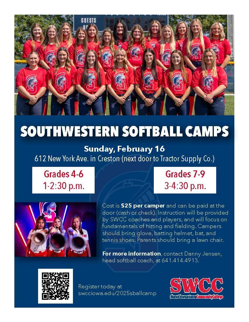 SWCCSpartans's tweet photo. 🥎 Spartan Softball Camps! 🥎

SWCC is hosting youth camps on Feb. 16 in Creston!
📍 612 New York Ave. (Old Walmart)
🕐 Grades 4-6: 1-2:30 PM
🕒 Grades 7-9: 3-4:30 PM
💰 $25 per camper
🏆 Learn from SWCC coaches &amp; players!
🔗 Register now: https://t.co/P0v6bq848u https://t.co/sPUxA3vRjv