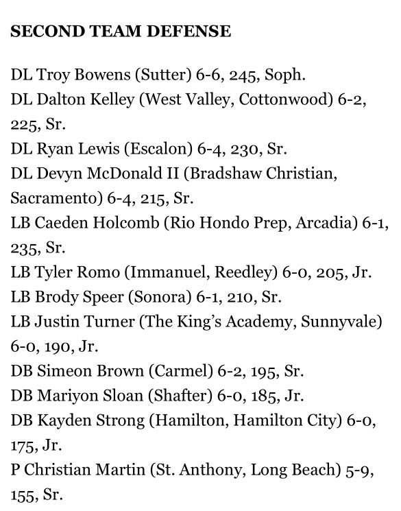 What an honor it is to be named All-State!!!! Can’t thank my coaches and teammates enough for making me better and putting me in a position to succeed. Thank you <a href="/CalHiSports/">Cal-Hi Sports</a> for the recognition. Gods work✝️❤️ 
<a href="/BrandonHuffman/">Brandon Huffman</a> <a href="/247recruiting/">247Sports Recruiting</a> <a href="/NorCal_Football/">NorCal Football Guys</a> <a href="/NorCal_100/">NorCal Elite 100</a>