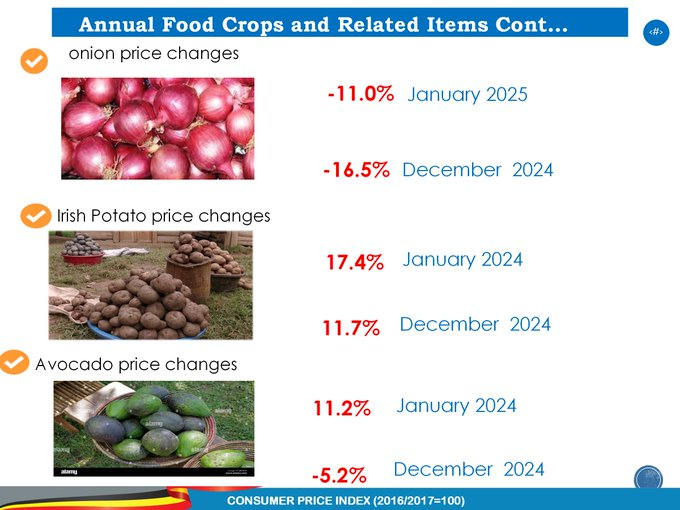 nabasabuzi's tweet photo. #InflationJan25 Tomato prices surged to 3.5% in January 2025, rebounding from -14.4% in December 2024. Inflation for Irish potatoes rose to 17.4% from 11.7% in the previous month, while avocado inflation climbed to 11.2%, up from -5.2% in Dec 2024. @StatisticsUg @Didacus1Okoth https://t.co/mwLCkcvu89