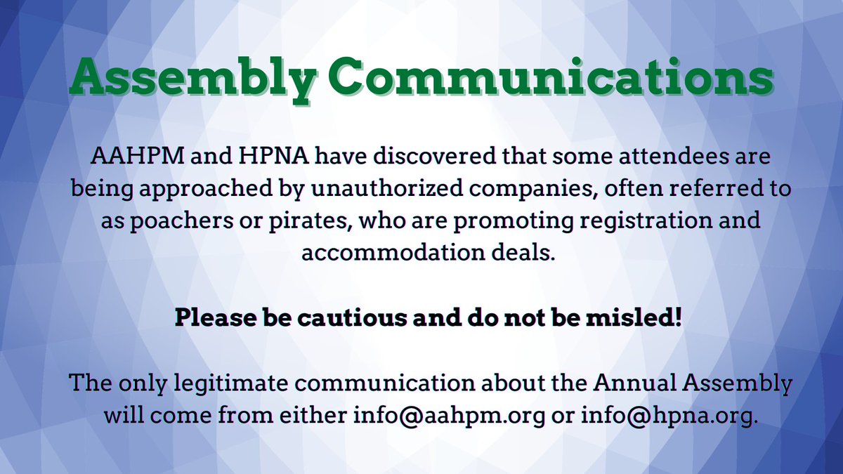 AAHPM (@aahpm) on Twitter photo Please review the statement from AAHPM and <a href="/HPNAinfo/">Hospice and Palliative Nurses Association (HPNA)</a> concerning communications sent out to attendees for the Annual Assembly. Please review the statement from AAHPM and <a href="/HPNAinfo/">Hospice and Palliative Nurses Association (HPNA)</a> concerning communications sent out to attendees for the Annual Assembly.