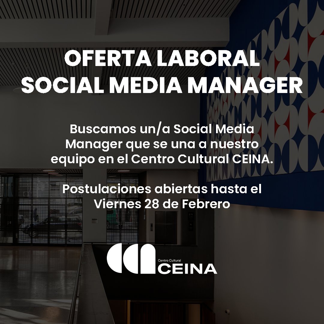 Centro_Ceina's tweet image. 🚨 Oferta Laboral: Social Media Manager 📱 Únete al equipo de #CEINA postulando en el siguiente formulario 👉🏻 forms.gle/71o77DiagptzVv…

⏰ Jornada: 30 horas semanales
📄 Contrato Plazo fijo, con posibilidad de pasar a indefinido
💰 Renta Bruta: $800.000
🗓️ Postula hasta el 28/02