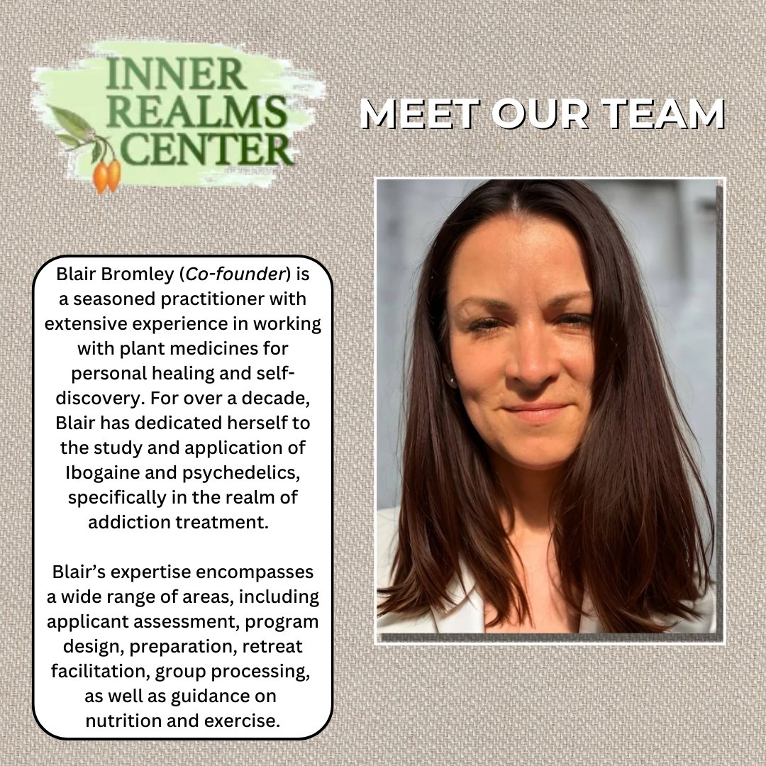 InnerRealmsVC's tweet image. Meet our Team - Blair Bromley
As the operations manager at Inner Realms Center, she has played a vital role in assisting countless individuals in their journey toward overcoming addiction and exploring the transformative potential of psychedelics.  innerrealmscenter.com