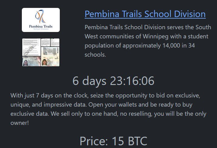 🚨 RHYSIDA Ransomware Alert 🚨

Pembina Trails School Division🇨🇦

Pembina Trails School Division  , educational institution, based in Canada, has fallen victim to RHYSIDA Ransomware. The group claims to have obtained organization's data.