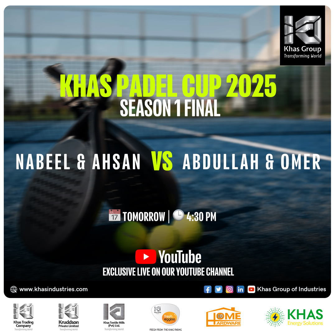 Khasindustries1's tweet photo. 🏆 It's time for the Khas Padel Cup 2025 - Season 1 Final!
🎾 Nabeel &amp; Ahsan face off against Abdullah &amp; Omer!
📅 Tomorrow, 1st February | 🕟 4:30 PM
📺 Live on YouTube: Khas Industries
Don't miss the action! https://t.co/66KAdKOCo9