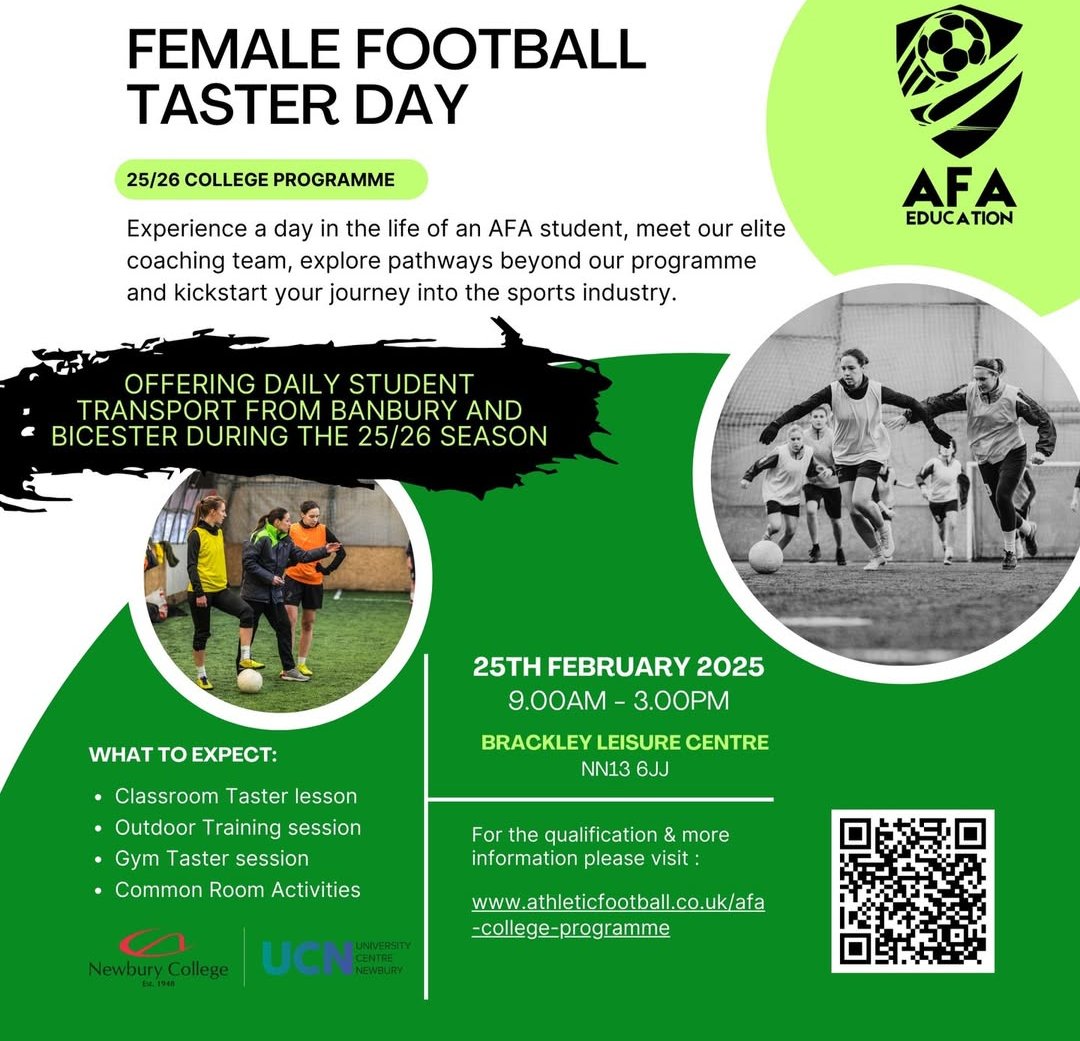 Female only taster day at Athletic Football Academy College.

Come and spend the day with us!

athleticfootball.co.uk