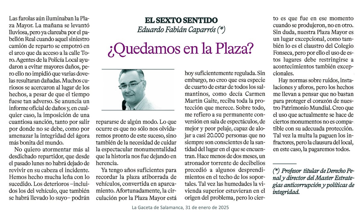 Eduardo Fabián C. (@caporrismo) on Twitter photo El patrimonio cultural no es de nadie y es de todos. Disfrutarlo es nuestro derecho, casi nuestro deber; pero estamos obligados a conservarlo. Nuestra Plaza Mayor es un extraordinario memento en piedra de nuestra historia que debe ser cuidado. <a href="/LaGacetaSA/">La Gaceta de Salamanca</a>. lagacetadesalamanca.es/opinion/firmas… El patrimonio cultural no es de nadie y es de todos. Disfrutarlo es nuestro derecho, casi nuestro deber; pero estamos obligados a conservarlo. Nuestra Plaza Mayor es un extraordinario memento en piedra de nuestra historia que debe ser cuidado. <a href="/LaGacetaSA/">La Gaceta de Salamanca</a>. lagacetadesalamanca.es/opinion/firmas…