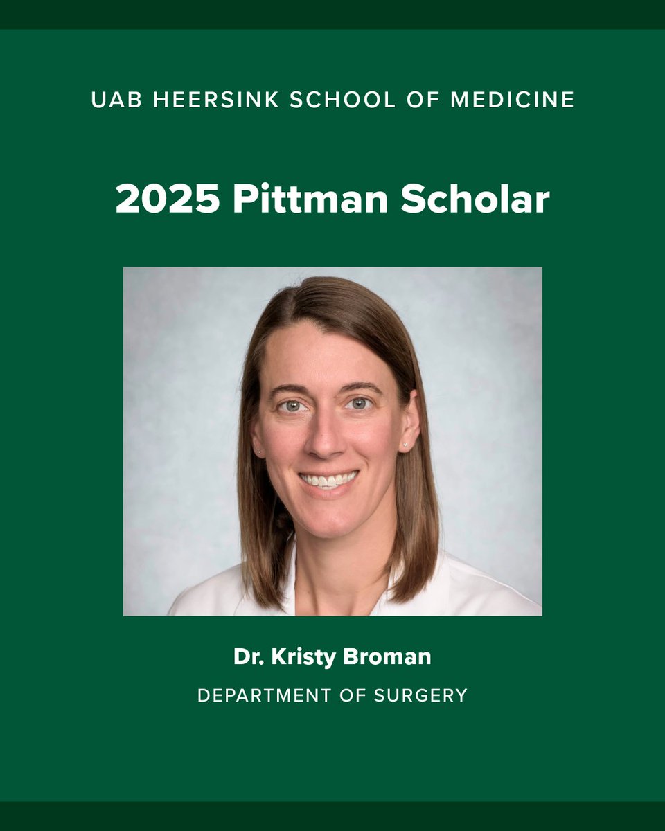 Congratulations to Dr. Kristy Broman, an assistant professor in the Division of Surgical Oncology, for being named a 2025 Pittman Scholar!

This prestigious honor provides research funding for 3 years.

go.uab.edu/40FNxWr

<a href="/UABHeersink/">UAB Heersink School of Medicine</a>