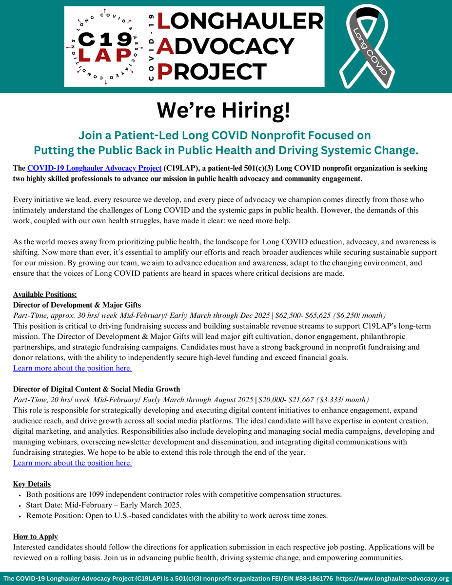 C19LH_Advocacy's tweet photo. We're Hiring!

Join a Patient-Led #LongCOVID 501(c)(3) Nonprofit Focused on Putting the Public Back in Public Health and Driving Systemic Change. 

The COVID-19 Longhauler Advocacy Project (C19LAP) is seeking two highly skilled professionals to advance our mission. 

Available Positions:
- Director of Development & Major Gifts
- Director of Digital Content & Social Media Growth

Learn more about the positions here & #apply today: https://t.co/yaOPaSyVkF