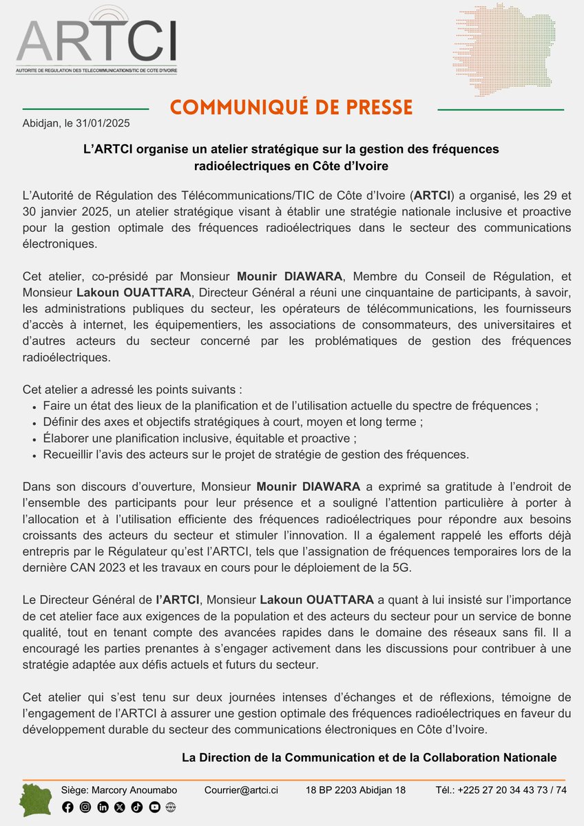 artcitic's tweet photo. #CommuniquéDePresse
L’ARTCI organise un atelier stratégique sur la Gestion des Fréquences Radioélectriques en Côte d’Ivoire
#artcitic #autoritéderégulation #telecomci https://t.co/mcMA11XuZ5