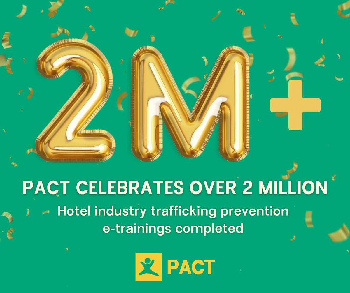 ✨ Over 2 Million Strong! ✨

We’re celebrating a major milestone—over 2 million completions of PACT’s hotel industry trafficking prevention e-trainings, created in partnership with <a href="/AHLAFoundation/">AHLA Foundation</a> and <a href="/MarriottIntl/">Marriott International</a>! 🎉