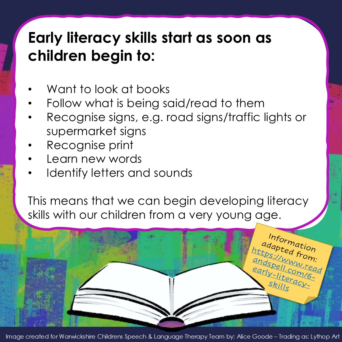 WarwickshireSLT's tweet image. It&apos;s National Story Telling week!
This &quot;what is Wednesday&quot; - here&apos;s a little summary of what literacy is and some ideas on how to support children with their pre-literacy skills..

Please check out: literacytrust.org.uk to find out more.

@nhsswft  @Literacy_Trust