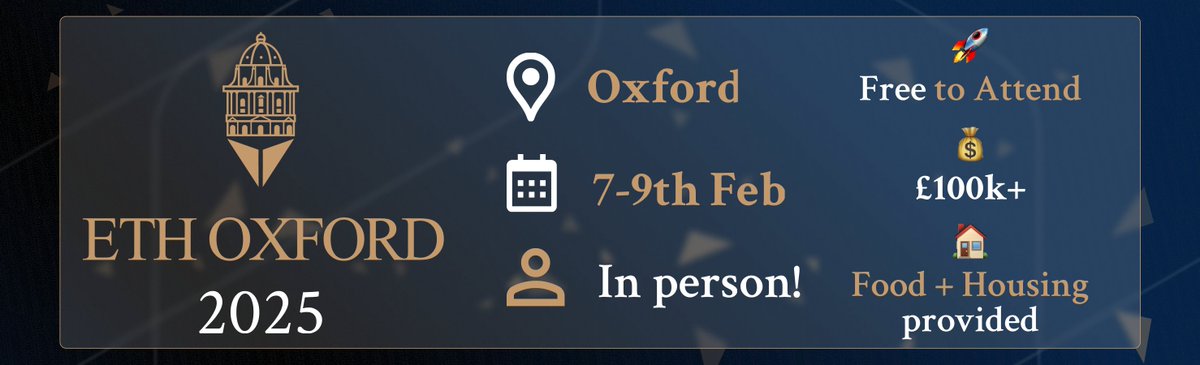 🌍 Crypto &amp; AI builders: ETH Oxford 2025 (<a href="/blockchainox/">Oxford Blockchain Society (University of Oxford)</a>) goes IRL Feb 7-9!

Hack inside <a href="/UniofOxford/">University of Oxford</a>'s iconic Maths Institute! 

Bounties from <a href="/FlareNetworks/">Flare ☀️</a> <a href="/HomeDAO_live/">HomeDAO 🏴‍☠️</a> <a href="/avax/">Avalanche🔺</a> <a href="/MinaProtocol/">Mina Protocol (httpz) 🪶</a> <a href="/torus_network/">Torus</a> &amp; more

Join us ↓
dorahacks.io/hackathon/eth-…