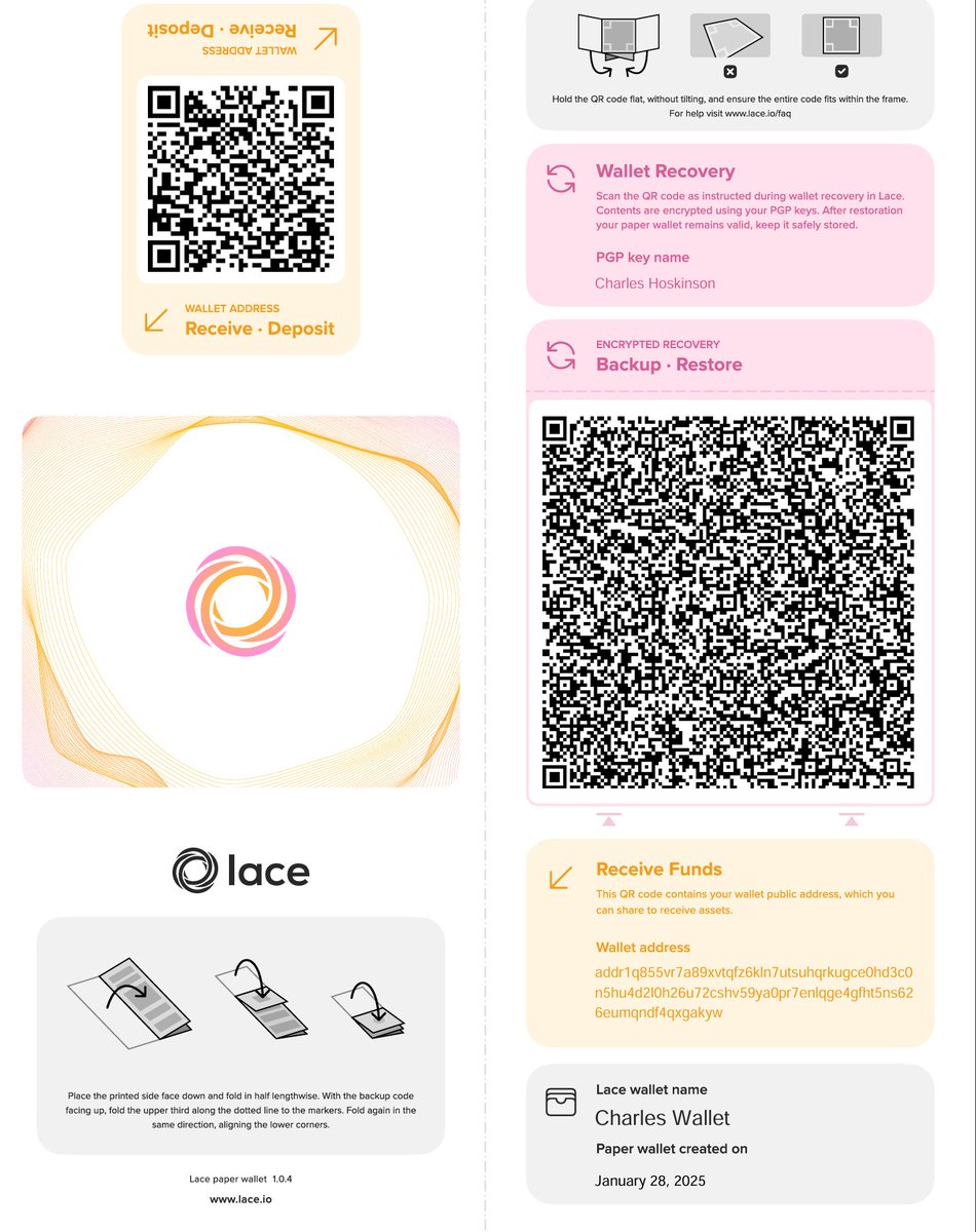 IOHK_Charles's tweet photo. One of the coolest features of Lace is the PGP encryption of paper wallets. This means I can use pretty much any medium as a backup of my wallet once I have encrypted it. 

Allow me to be the first person to use X as a place to store my paper wallet backup. https://t.co/qp9zoj8B1V