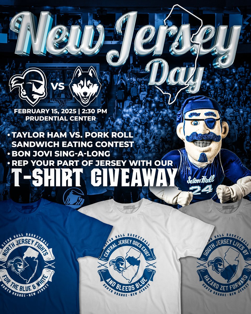 JERSEY'S WHERE IT'S AT! 🤌

At 2/15 <a href="/SetonHallMBB/">Seton Hall Men's Basketball</a> game, we're celebrating the best state in the USA!

All our NJ Pirates fans: come sing along to Bon Jovi &amp; pick up the shirt that reps your part of the state (yes, Central Jersey exists)! #HALLin

🎟️: SHUPirates.com/SHUvsUCONN