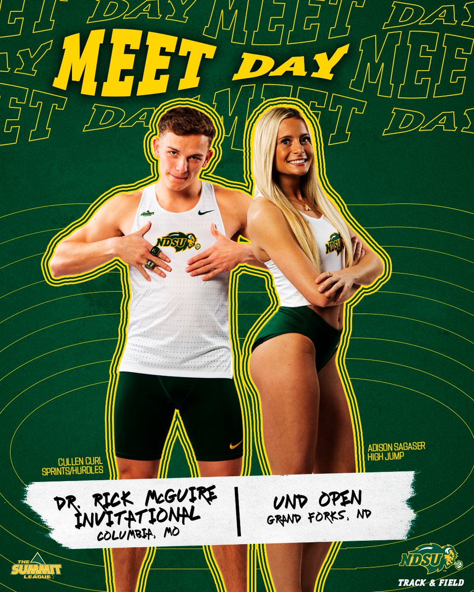 So nice, let's go twice!

Dr Rick McGuire Invitational
⏰: 11 AM
📌: Columbia, MO
📝: GoBison.com/TF_Schedule
📊: GoBison.com/TF_Result

UND Open
⏰: 12 PM
📌: Grand Forks, ND
📝: gobison.info/42B6dJR
📊: gobison.info/4gmmjdv