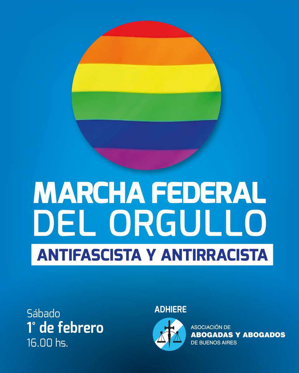 Este sábado 1° de febrero a las 16 hs, la AABA se adhiere a la Marcha Federal del Orgullo Antifascista y Antirracista desde el Congreso de la Nación hasta la Plaza de Mayo para reafirmar su compromiso con los derechos humanos, la igualdad y la diversidad.