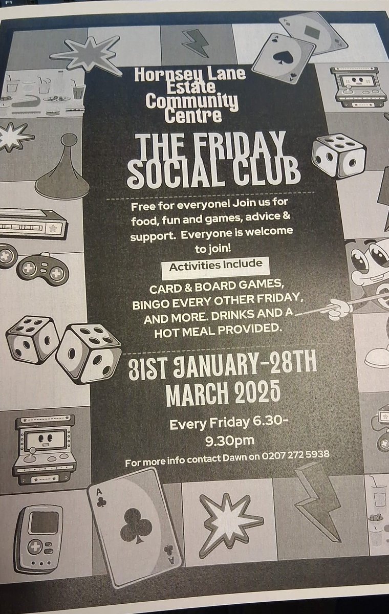 HanleyCrouch's tweet image. Looking for something to do on a Friday evening?! 

At Hornsey lane Community Centre could be the answer!
The Friday Social Club will be providing fun, games, food and socializing for all!
 FREE for everyone, look forward to seeing you there!

#funandgames #HornseyCommunityCentre