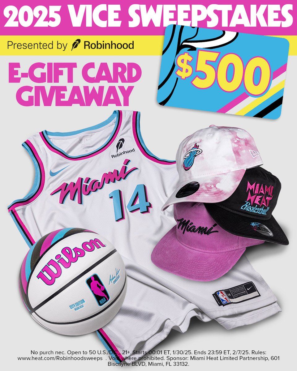 #Robinhood is hooking up 9 lucky HEAT fans with $500 to shop #TheOriginalVice jersey, apparel and more at the Miami HEAT Store 🔥

To enter:
🏀 Follow <a href="/RobinhoodApp/">Robinhood</a>
🏀 Like and tag a friend in this post

Best of luck, #HEATNation!