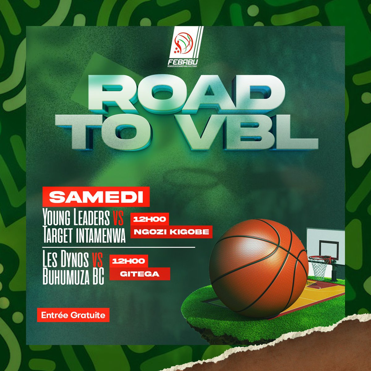 Chers amateurs du 🏀 de Ngozi et gitega,nous voulons vous informer que demain il  y aura des affiches à ne pas manquer dans vos provinces respectives

Venez nombreux soutenir nos athlètes 

#Febabu
#Fibaafrica
#Road to VBL