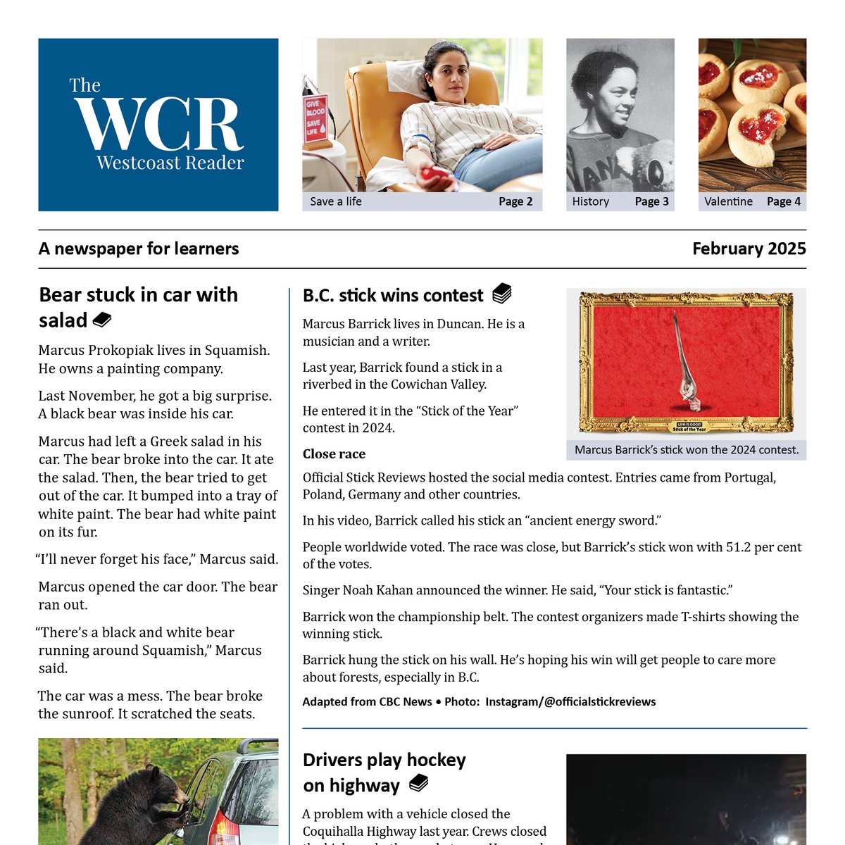 🐻🏒💟 ⚕💉Lots of great articles in the February issue of The WCR #newspaper for learners! 

📰Articles include: #BlackHistoryMonth #ValentinesDay #Recipe #HockeyOnHighway #BearInCar #StickContest

👉Subscribe at: thewestcoastreader.com/subscription-o…

#AdultLiteracy #ContinuingEducation