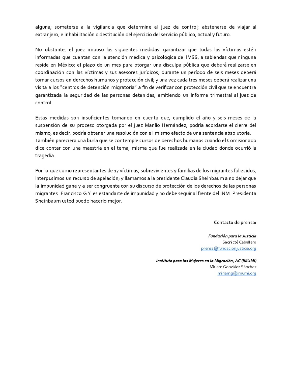 🔴 Impunidad y simulación: Con dinero público y medidas insuficientes, el Comisionado del INM, Francisco G.Y., elude su responsabilidad por el incendio en Ciudad Juárez.

🚨 82 familias marcadas de por vida, más de 230 MDP del erario y cero justicia.

Exigimos