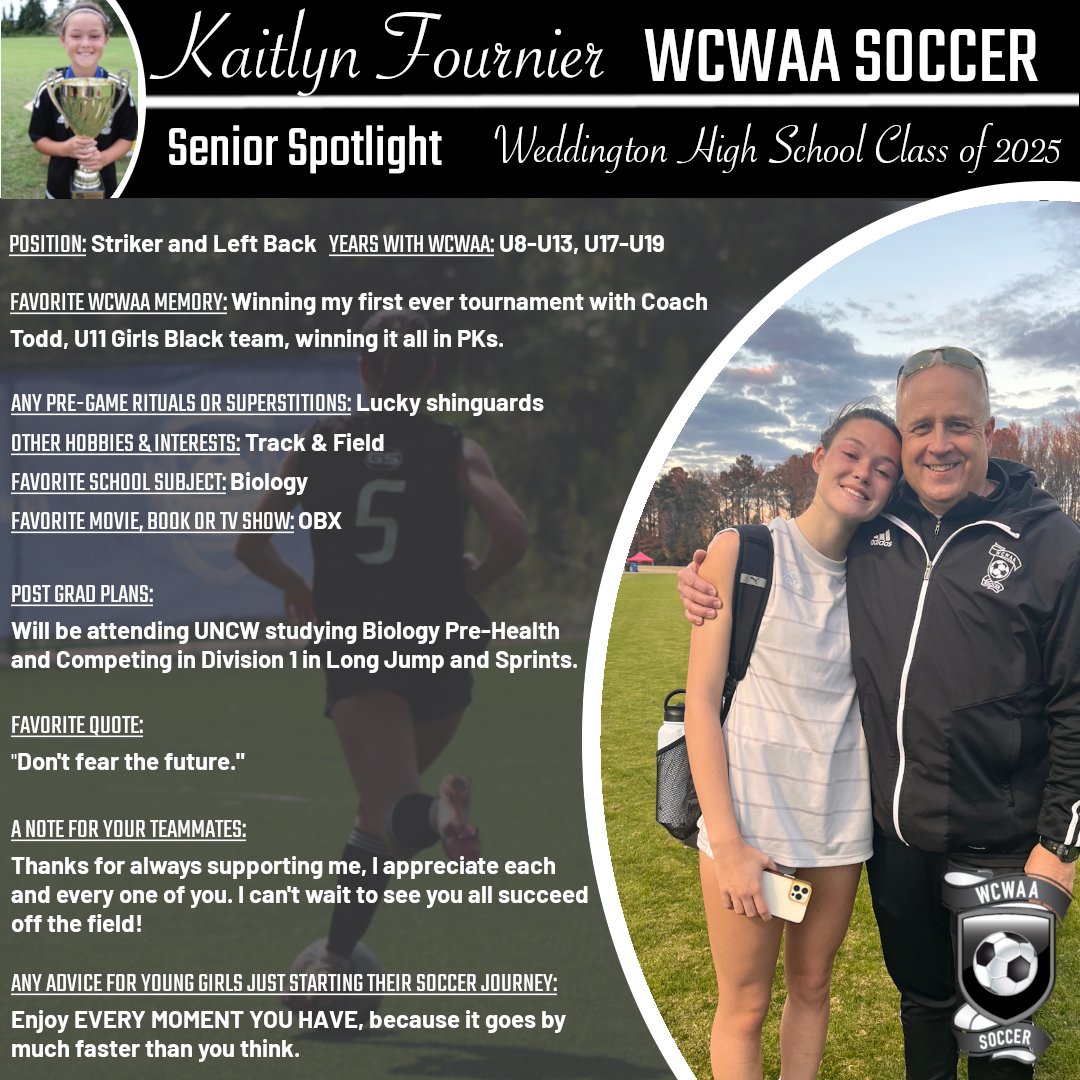wcwaasoccer's tweet photo. For the next several months we'll be celebrating our 2025 Senior Class, starting with our wonderful ladies who finished up their last season with the club this past fall. First up is Kaitlyn Fournier. Congrats Kaitlyn and good luck on the next step of your journey! #wcwaasoccer https://t.co/hpj70PGvOg