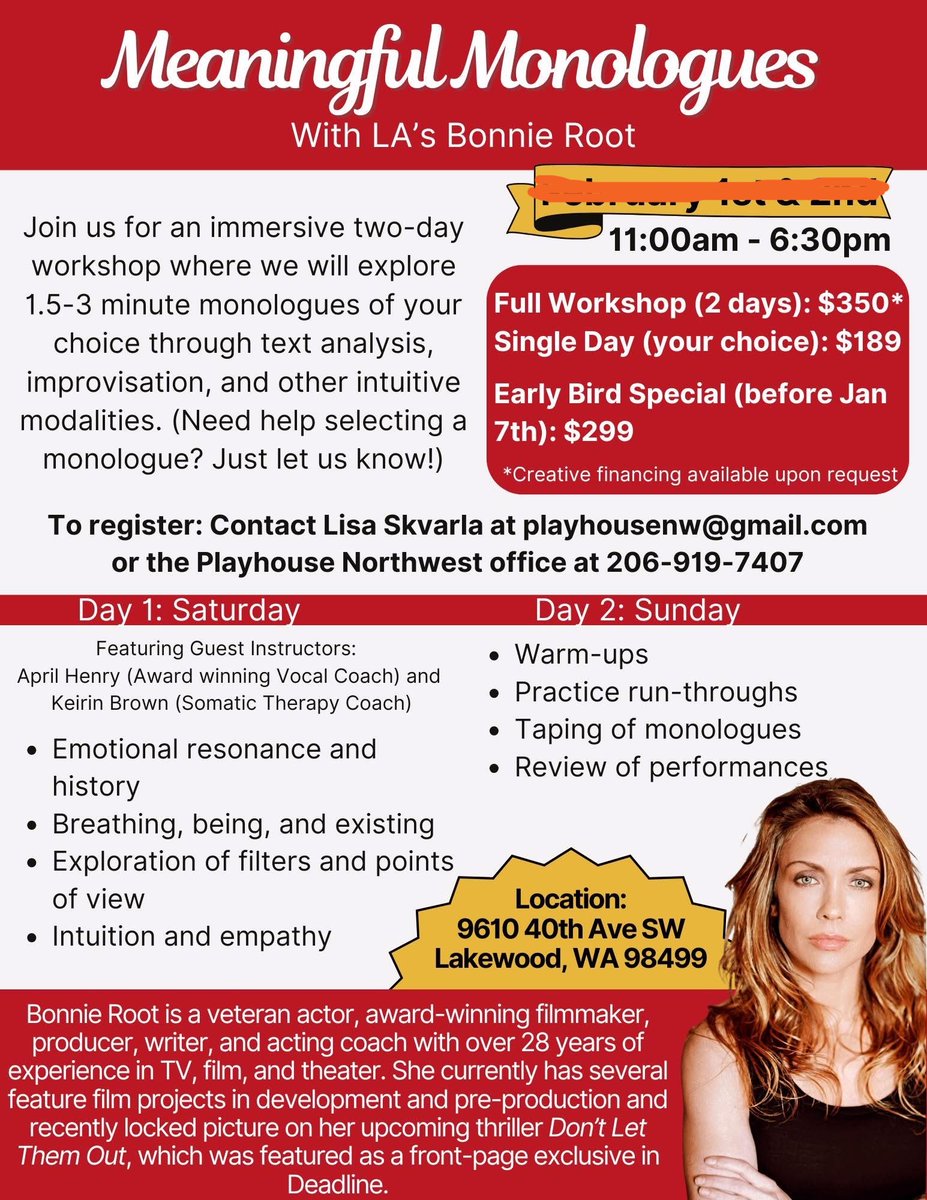 I've always believed that practicing and honing monologues is a great way to increase your acting skill and character development. Playhouse NW has just one or two open spots in their upcoming monologue workshop, and the dates have been bumped back to March 8th and 9th. All these