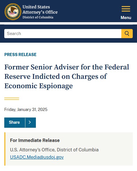 BREAKING: The DOJ just indicted Former Senior Adviser for the Federal Reserve, John Harold Rogers, for leaking US trade secrets to China.