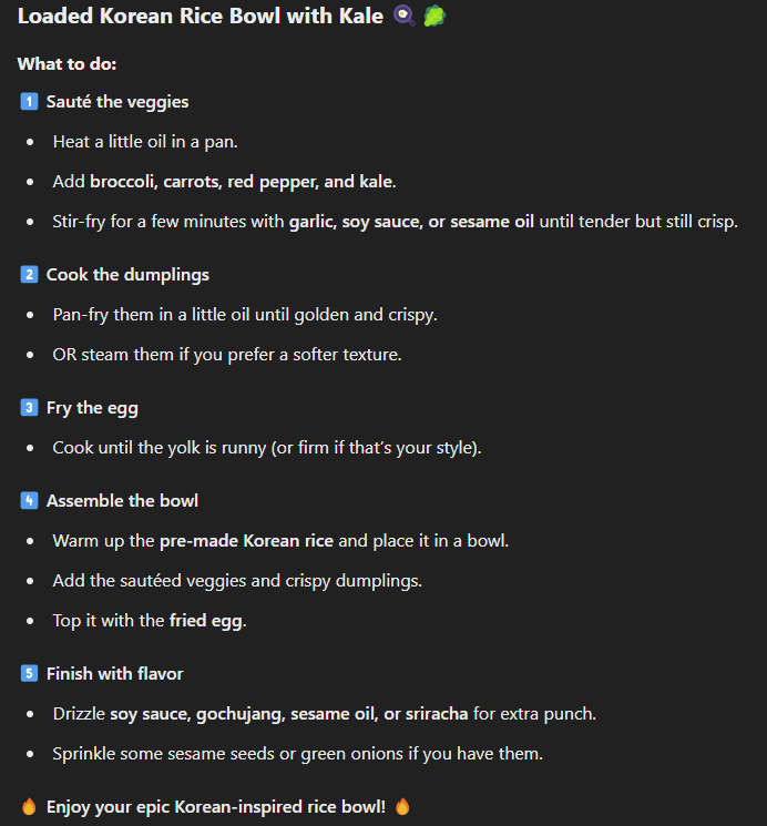 I'm fried lately, just wiped from brain rot and doom scrolling and  work and whatever... can't figure out what to eat...

so I'm offloading this to the AI overlords...