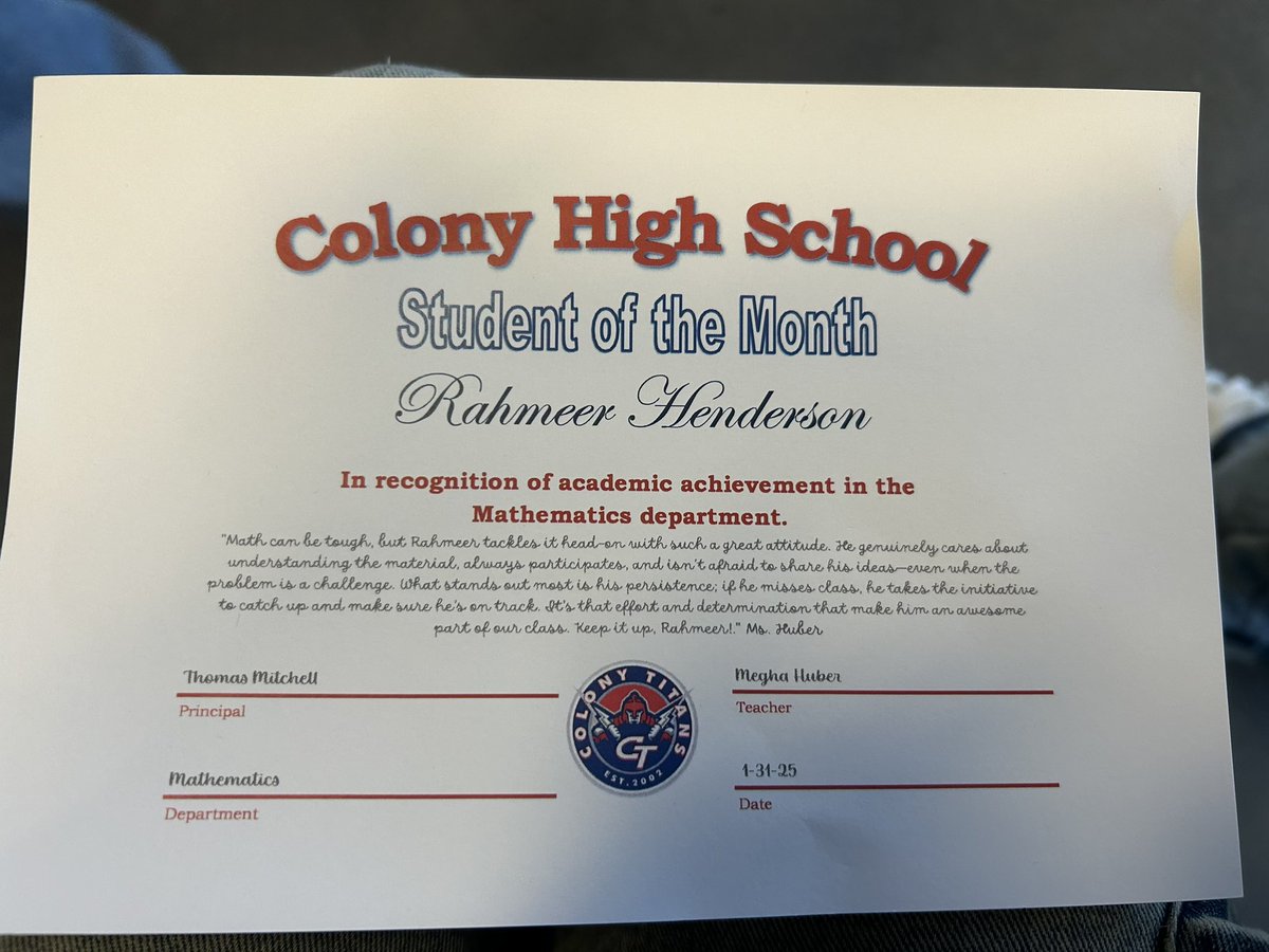 Glad to be named student of the month in the math department #StudentAthlete#TTP

<a href="/ColonyTitans_FB/">Colony Titans Football</a> <a href="/CoachZavala58/">Coach Zavala</a> <a href="/premiumsportsla/">Premium Sports</a>
