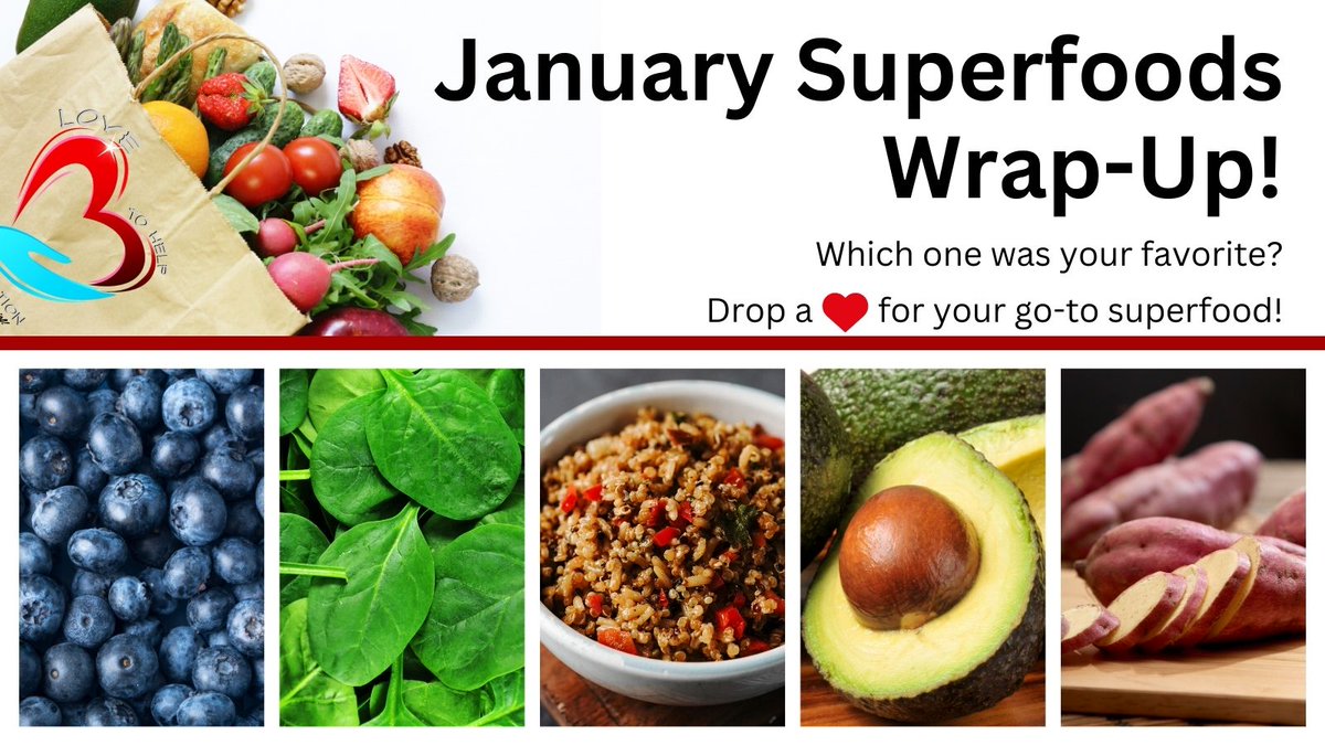 LoveToHelpFdn's tweet photo. Jan. Superfoods Wrap-Up! 🥑🍠🥬🫐🍚 This month, we fueled our bodies with blueberries, spinach, quinoa, avocados, &amp; sweet potatoes—packed with nutrients for a healthier 2025! Which one was your favorite? Drop a❤️for your go-to superfood! #HealthyNewYearEats #SuperfoodFreshStart https://t.co/DeiKx7BigA