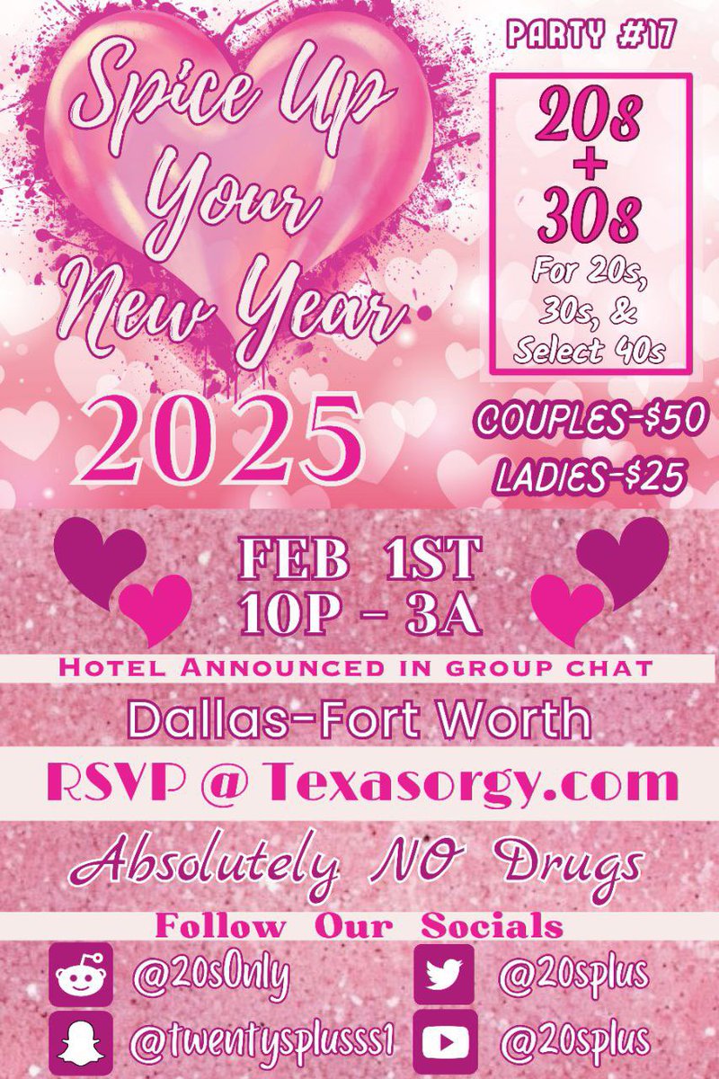 Swinger Party Tomorrow🍍 
Couples/Ladies only 
Dallas, TX
RSVP
texasorgy.com/events

#swingers #swinging #hotwife #dallas #dallasswingers #dallashotwife #swingerparty #swingergroup #orgy #swingerevents #hotelparty