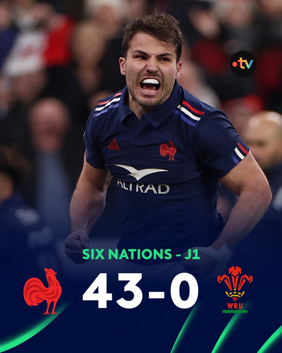 francetvsport's tweet photo. #SixNationsRugby | 🇫🇷Face à des Gallois sans solution, les Bleus s'imposent facilement en ouverture du Tournoi des Six Nations (43-0). La concurrence est prévenue, les Bleus sont prêts 👊 #FRAPDG https://t.co/ANI6PvKOJO