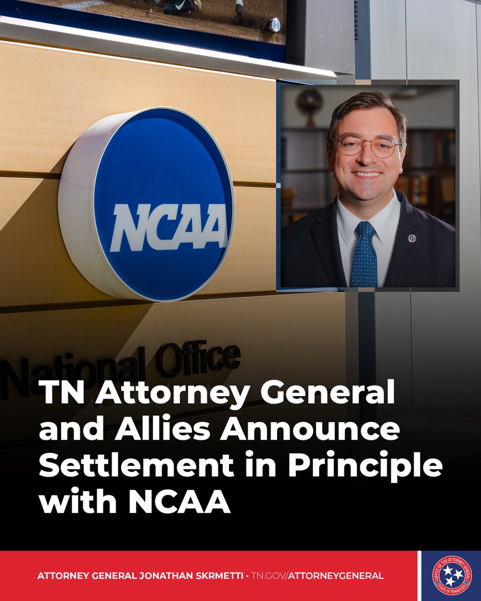 Today is a big day for the protection of student-athletes’ rights.

Last year, we blocked the NCAA’s unlawful enforcement against Tennessee students and schools.

Now this settlement in principle lays the groundwork for a permanent solution.

➡️tn.gov/attorneygenera…