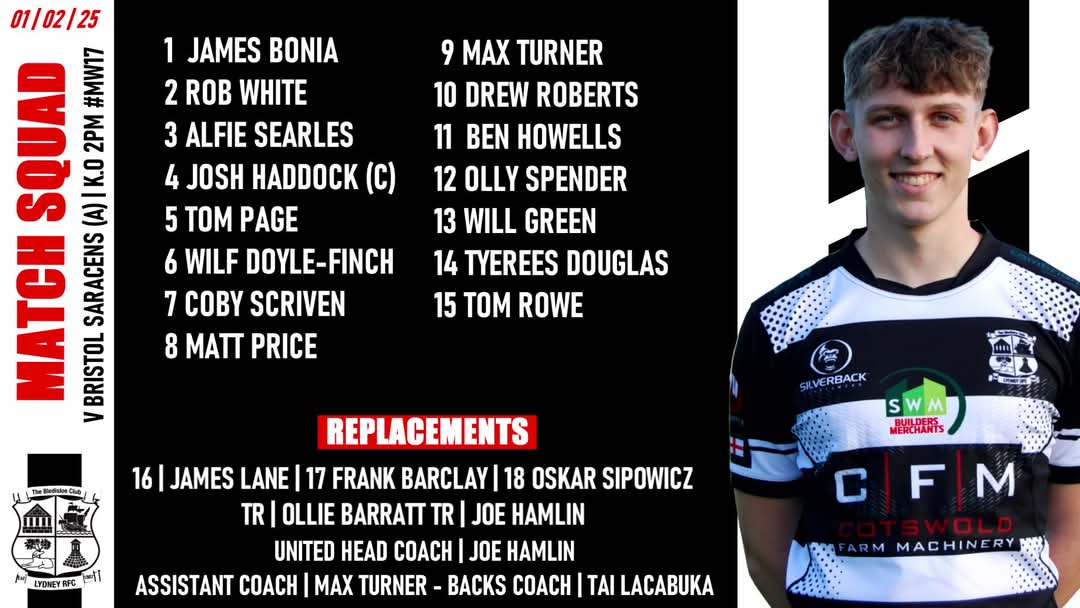 #MW17 Team Selections 

Lydney 1st XV v Barnstaple | Home – K.O 3pm
Bristol Saracens 1st XV v Lydney United | Away – K.O 2pm

The clubhouse will be showing all Six Nations games live on the BIG screens throughout the weekend 🍻🏉
#Driveonlyd #TheBledisloeClub