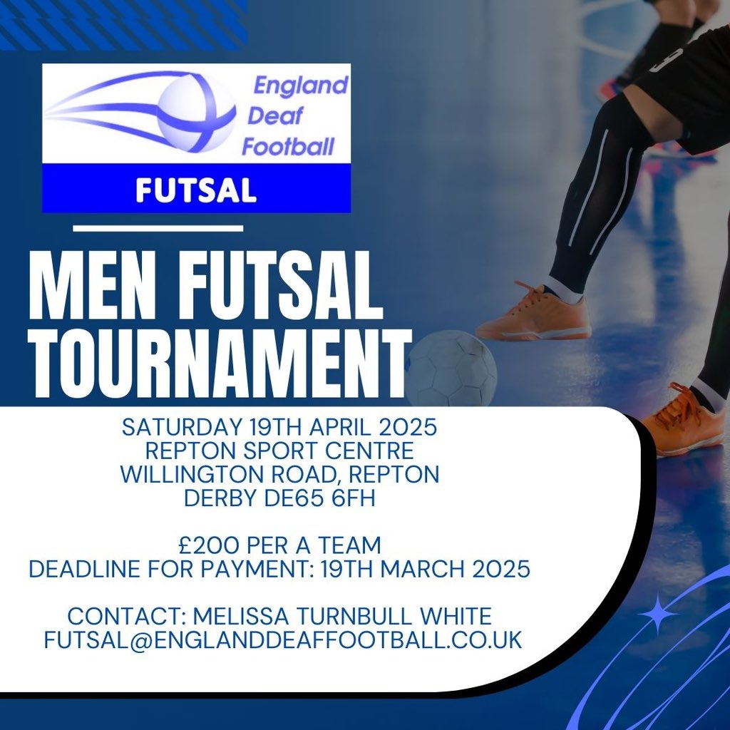 EDF is pleased to announce that this year’s EDF Futsal Tournament will be held at Repton in Derby.

If you have any questions or need further details, please feel free to contact EDF Futsal Coordinator, Melissa Turnbull White.

#Futsal <a href="/deafsport/">UK Deaf Sport</a> <a href="/dspyawards/">Deaf Sports Awards</a>