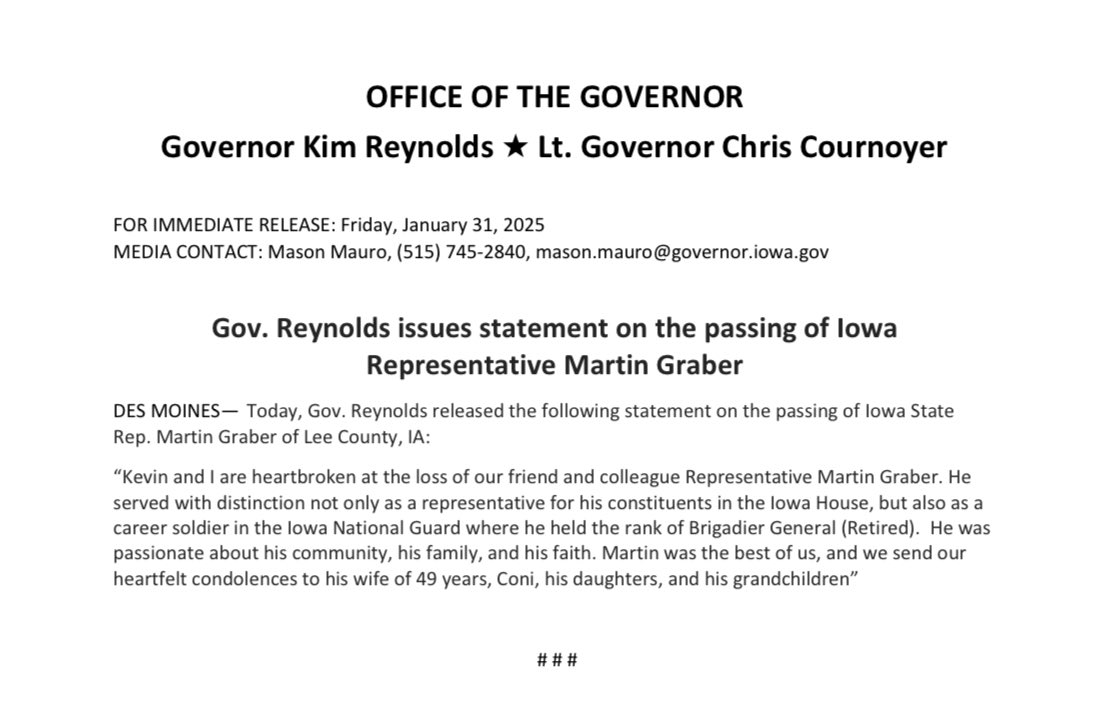 IAGovernor's tweet photo. Representative Graber was a good friend, and a great man who dedicated his life to service. Kevin and I are keeping Coni and their family in our thoughts and prayers at this difficult time. https://t.co/zw7USZSS1U