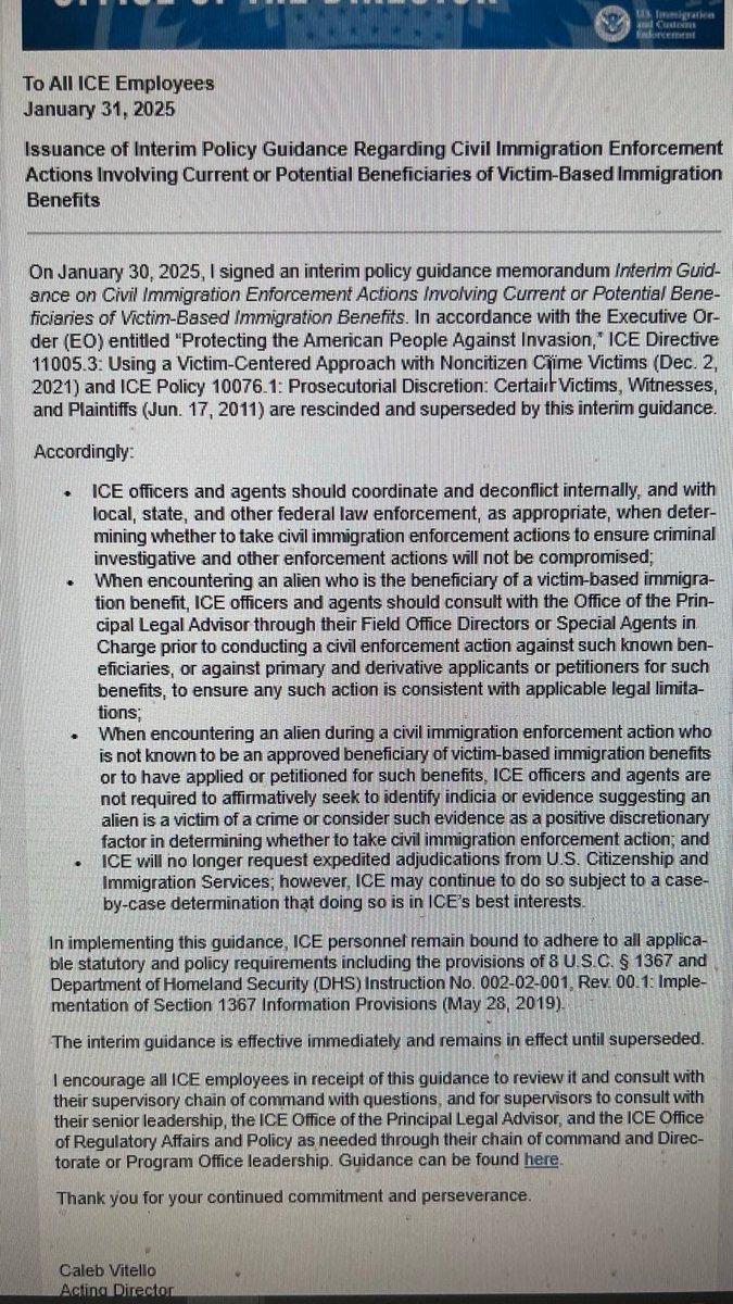 ICE will no longer consider if "an alien is a victim of a crime...a positive discretionary factor" in determining whether to deport them, per new ICE memo leaked to me