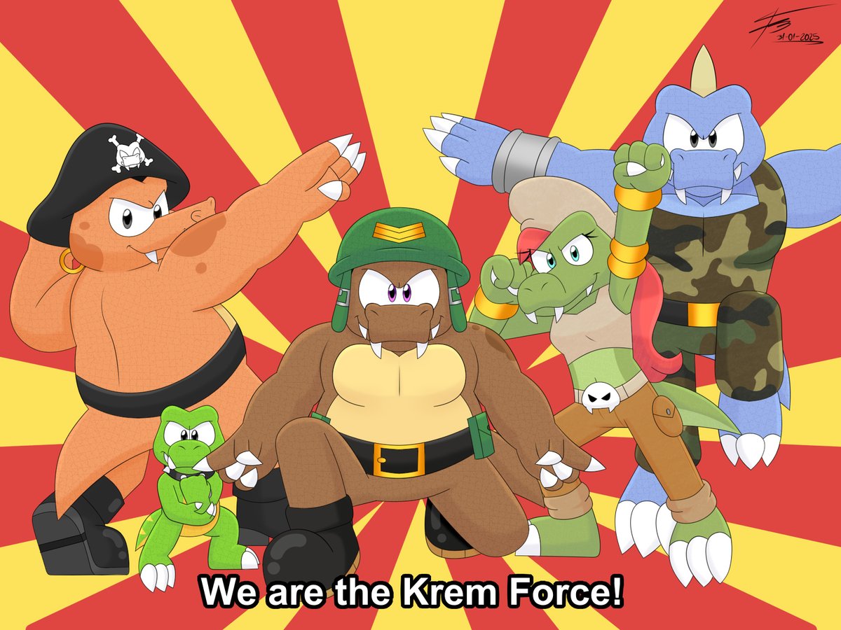 FireBea91564049's tweet image. Hace unos días empecé con este dibujo de #Klump, #Skurvy, #Klaptrap, #Krusha y #Kalypso haciendo la pose de presentación de las Fuerzas Especiales Ginyu a partir de una broma que hice con un amigo. Sinceramente me encantó como quedó 🤣

#DonkeyKong #Kremlings #fanart