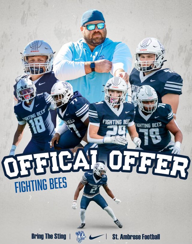 Blessed to receive a offer from <a href="/FightingBeesFB/">St. Ambrose Football</a>  after having a good conversation with <a href="/coachwelnetz/">Zach Welnetz</a> 🐝 
<a href="/coachmulcahy/">Niall Mulcahy</a>