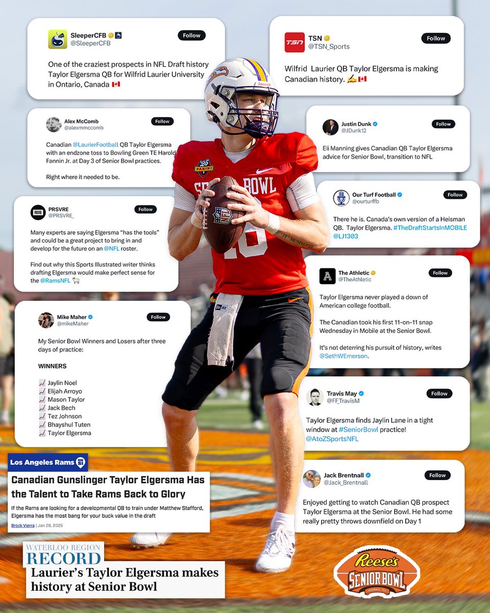 WLUAthletics's tweet photo. All eyes on Taylor. 🤳

Catch @ElgersmaTaylor in the @seniorbowl live on @nflnetwork Saturday at 2:30 PM EST!

#SoarAbove https://t.co/fpP4QTSX5V