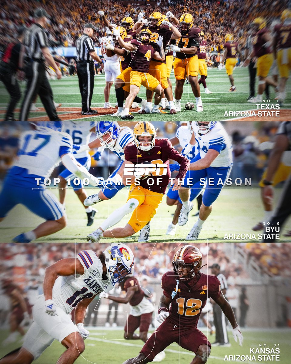 ASUFootball's tweet photo. Sun Devils with 3️⃣ games in the @espn Top 100 Games of the season 🔥

#ForksUp /// #ActivateTheValley https://t.co/7zWiU4sspE