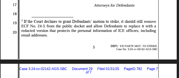 Update in #TereshchenkovNoem, Trump admin not happy we filed this ICE officer's email address on the docket, which they call "personal information."